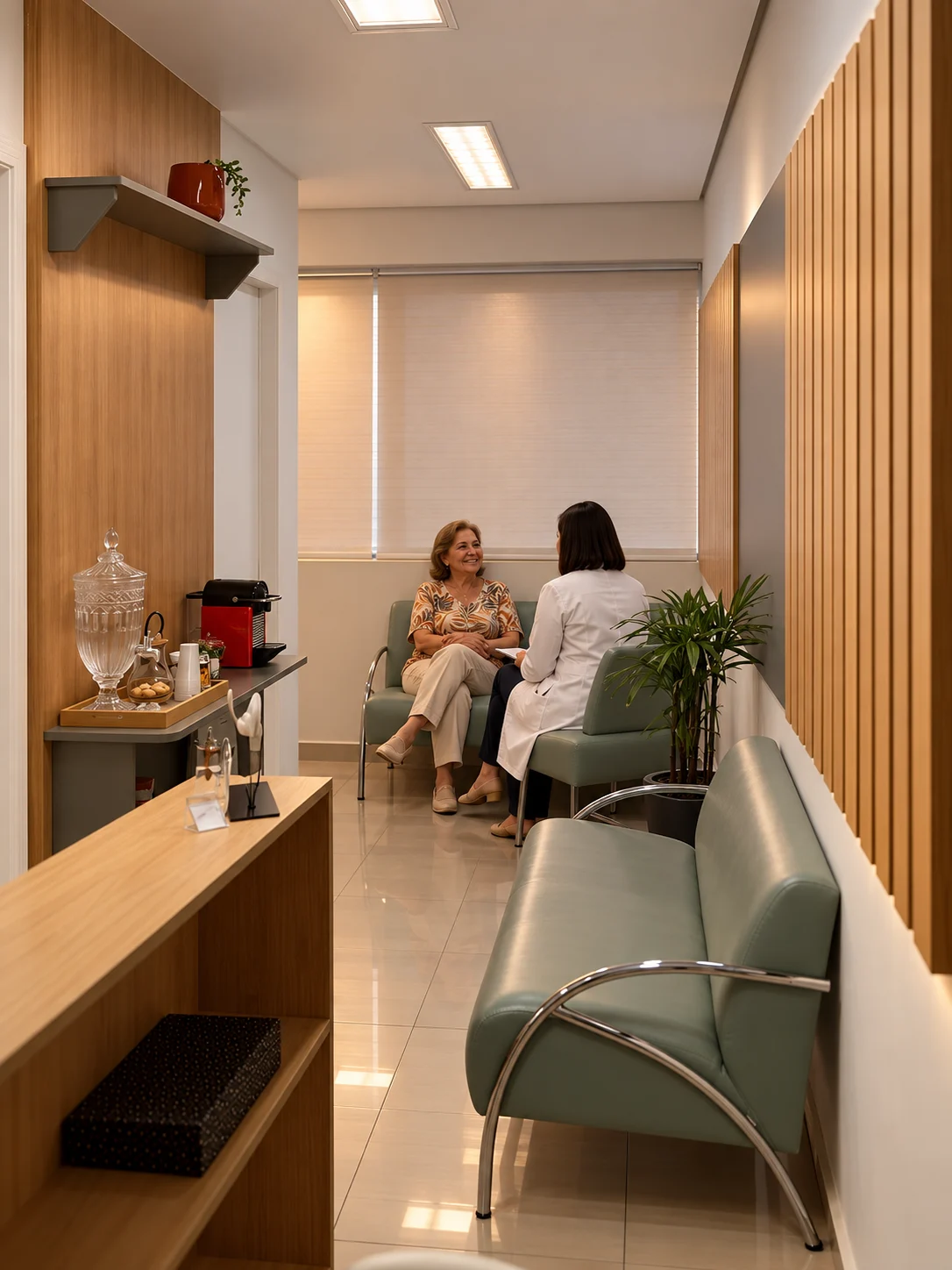 Profissional conversando com uma paciente na recepção da Otoclinic